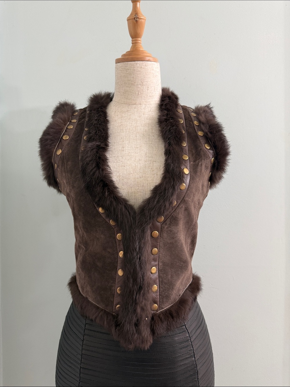 Y2K Marciano Boho Hippie Brown Suede Leather Fur Vest XS